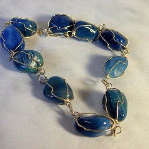 Vintage Blue Agate Stone Gold Tone Wrapped Bracelet With Hook Clasp